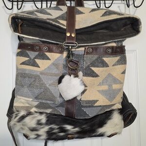 Myra Bag Canvas Leather Backpack Cowhide Accent + Heart Keychain Boho Western